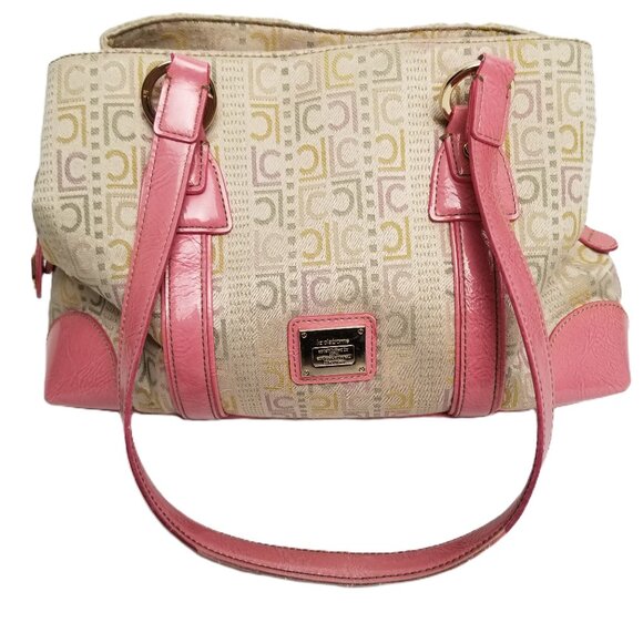 Liz Claiborne Jacquard Logo Handbag Purse Satchel Pink Beige Canvas Vintage - Picture 1 of 16